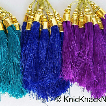 Violet Tassels With Gold Cap And Beads, Tassel Charms, Nylon Tassels x 12